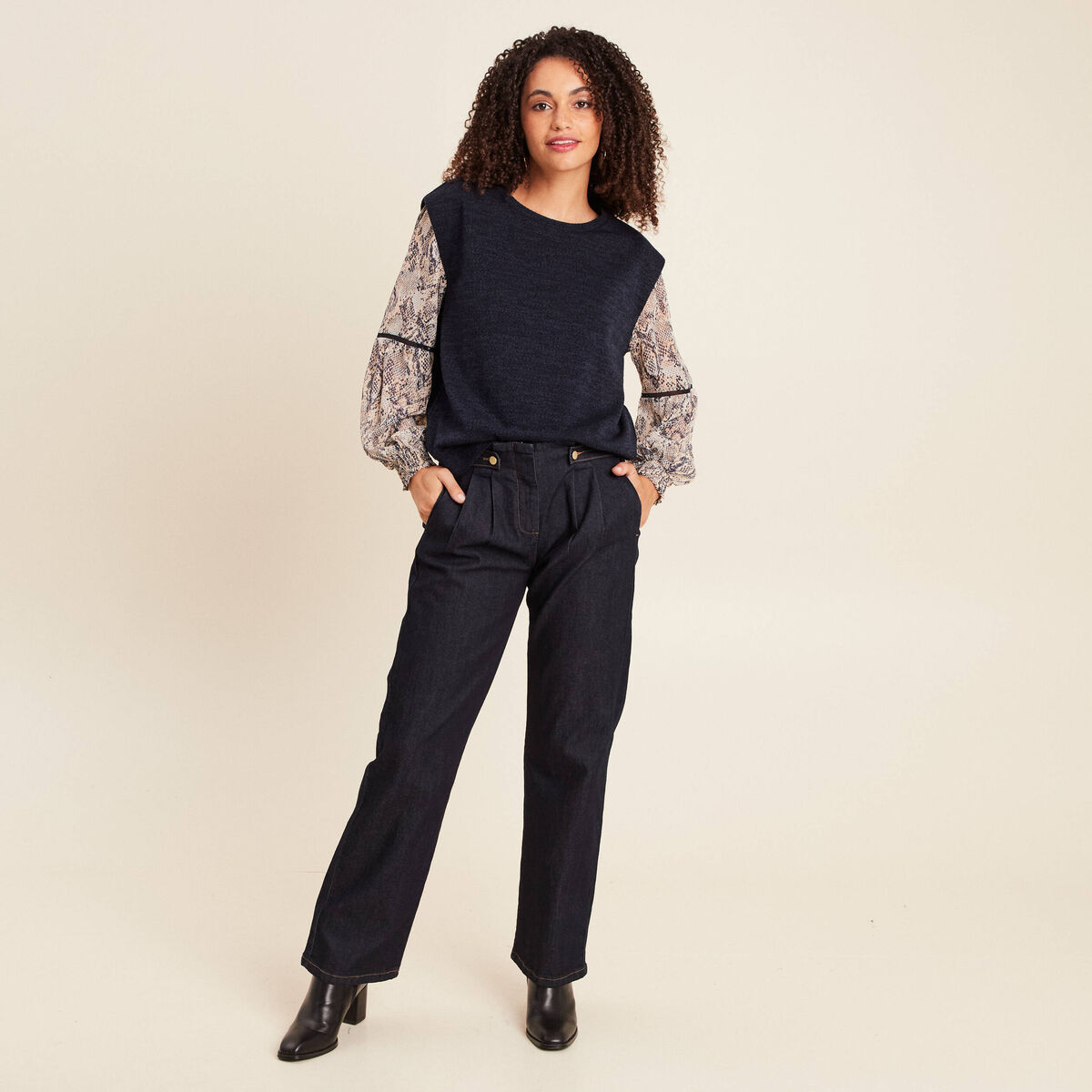 T-shirt col rond manches longues bleu marine femme