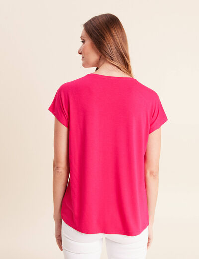 T-shirt bi-mati&egrave;re manches courtes rose fushia femme