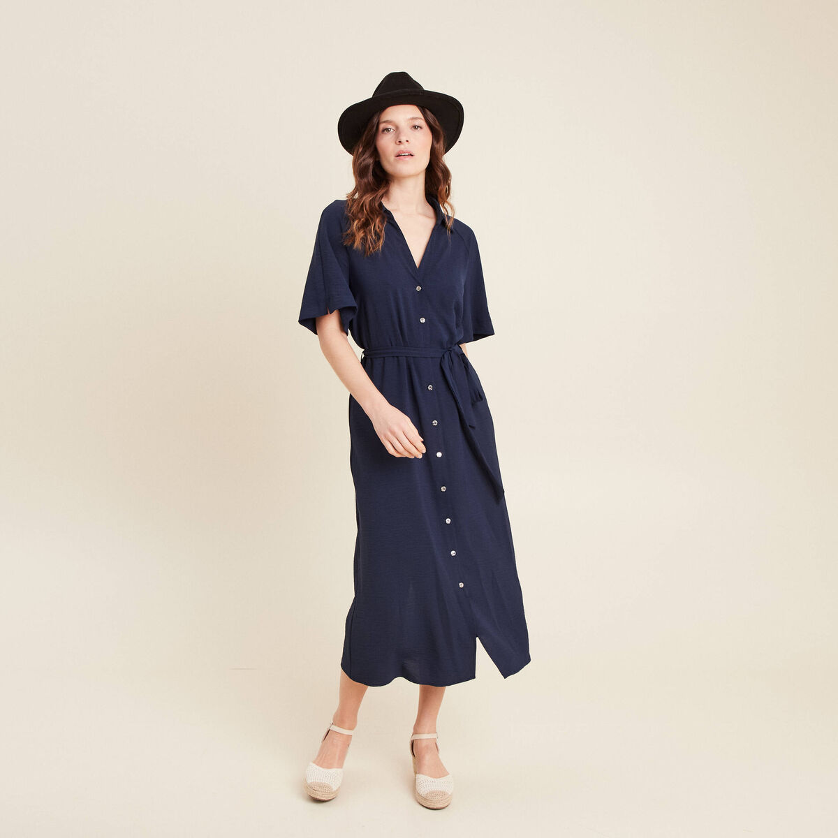 Robe évasée col chemise bleu marine femme
