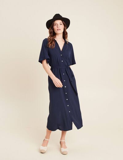Robe évasée col chemise bleu marine femme