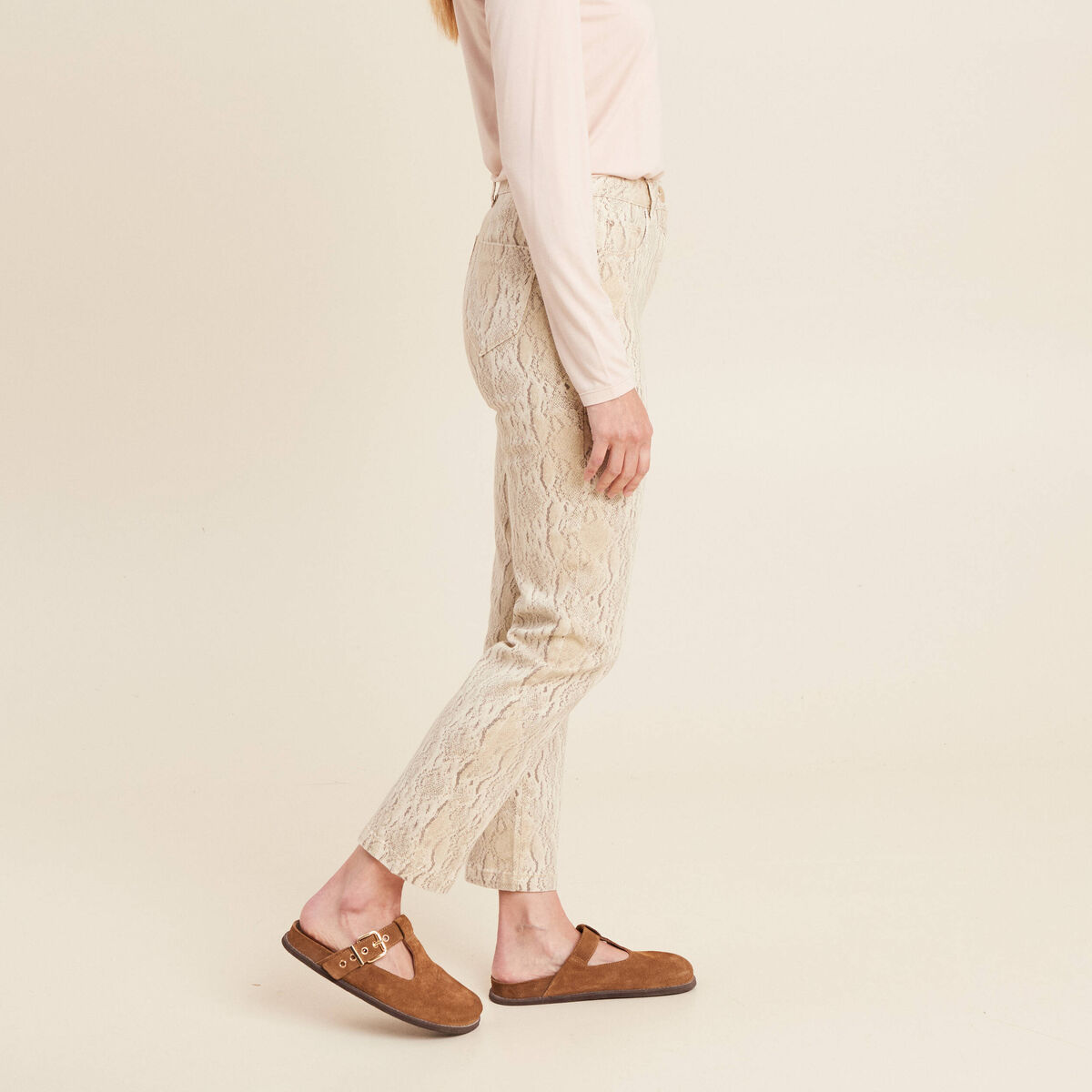 Pantalon 7/8ème taille haute beige femme