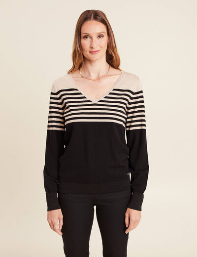 Pull ajusté col en V noir femme