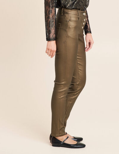 Pantalon ajust&eacute; taille bascul&eacute;e enduit vert kaki femme