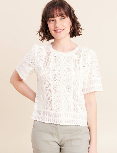 T-shirt col rond &agrave; dentelle ecru femme