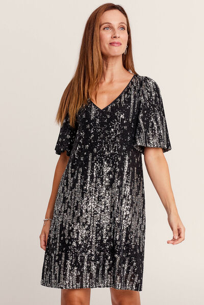Robe évasée sequins noir femme