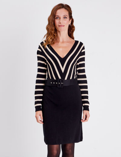 Robe pull droite ceinturée couleur or femme
