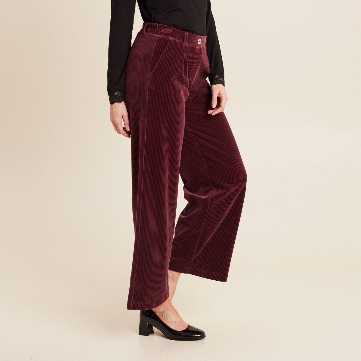 Pantalon large velours bordeaux femme
