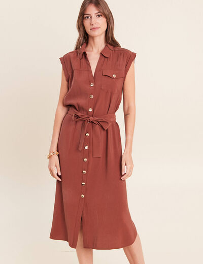 Robe droite col chemise manches courtes marron femme