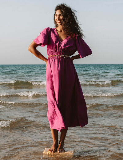 Robe &eacute;vas&eacute;e col v longueur genou violet clair femme