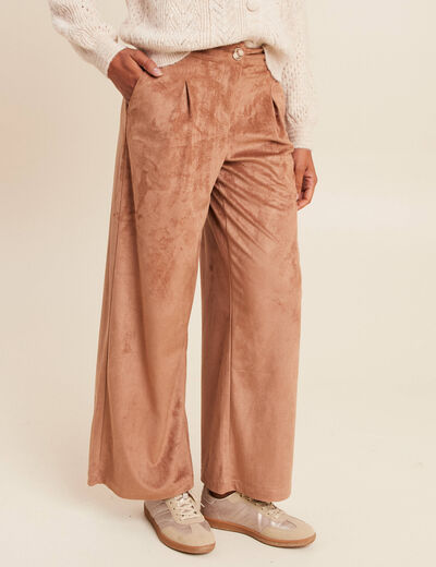 Pantalon su&eacute;dine large &agrave; pinces marron clair femme