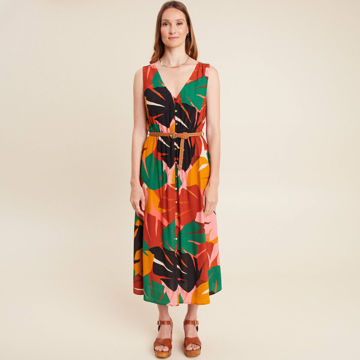 Robe midi évasée ceinturée multicolore femme