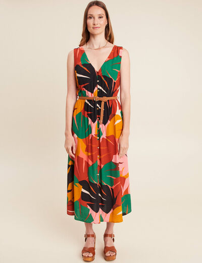 Robe midi évasée ceinturée multicolore femme