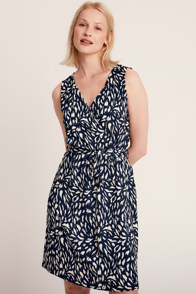 Robe courte évasée ceinturée bleu femme