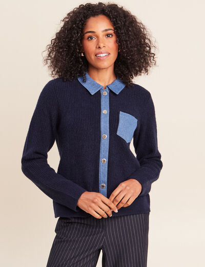 Veste col chemise manches longues bleu fonc&eacute; femme
