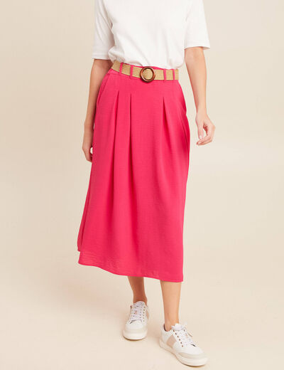 Jupe longue évasée ceinturée rouge corail femme