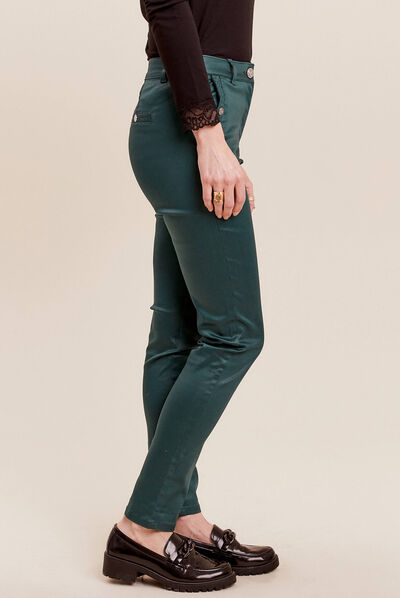 Pantalon ajusté enduit vert femme