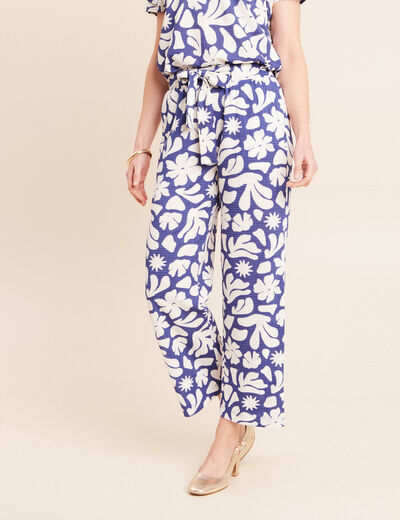 Pantalon coupe large 7/8&egrave;me taille haute bleu femme