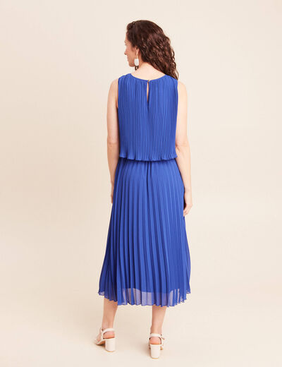 Robe longue &eacute;vas&eacute;e pliss&eacute;e sans manches bleu fonc&eacute; femme