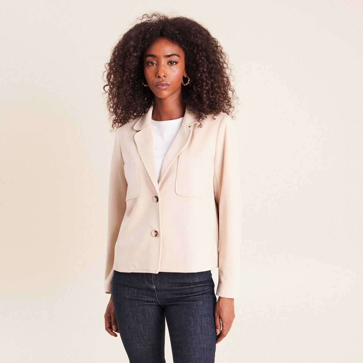 Veste droite col tailleur doubl&eacute;e sable femme