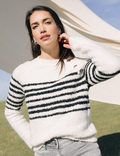 Pull bouclette col rond manches longues blanc femme