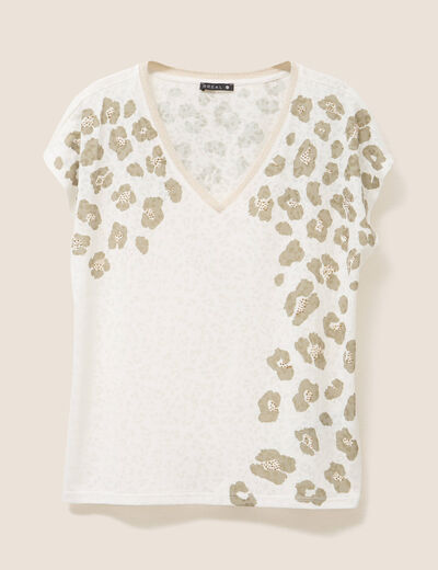 T-shirt droit col V manches courtes ecru femme