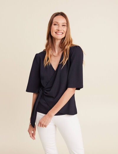 Blouse col V manches coude bleu foncé femme