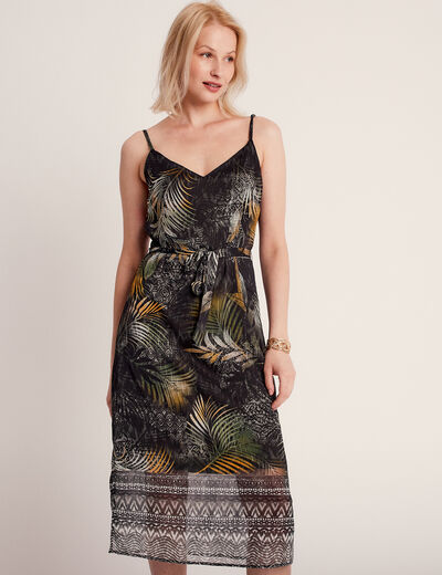 Robe longue droite ceinturée noir femme