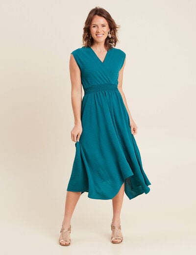 Robe évasée taille smockée vert femme