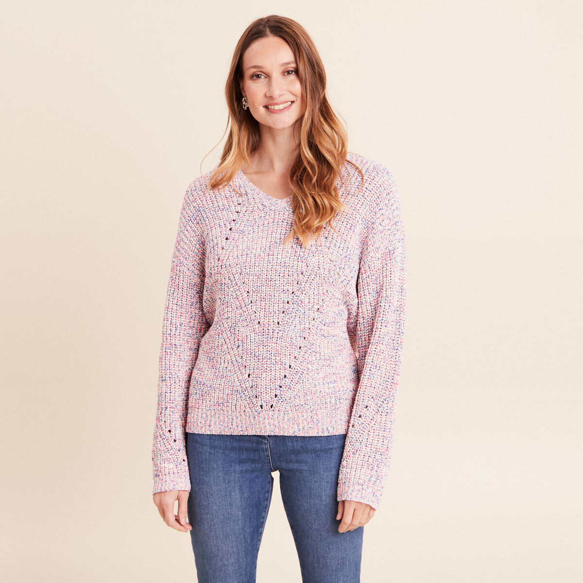 Pull droit long col v manches longues rose fushia femme