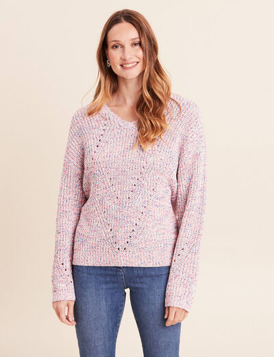 Pull droit long col v manches longues rose fushia femme