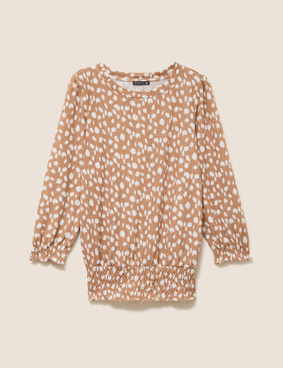 T-shirt col rond manches 3/4 marron femme