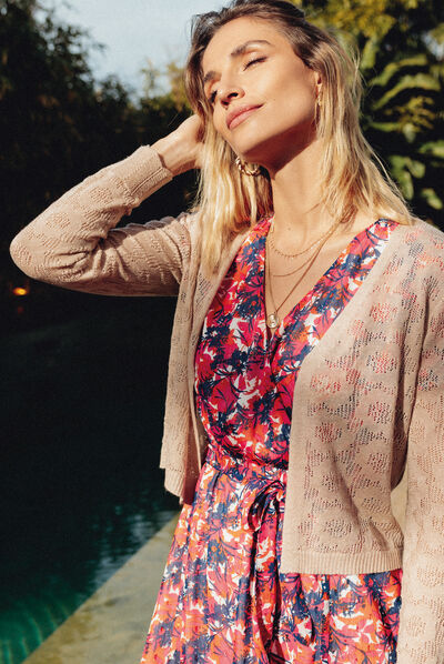 Gilet manches longues beige ivoire femme