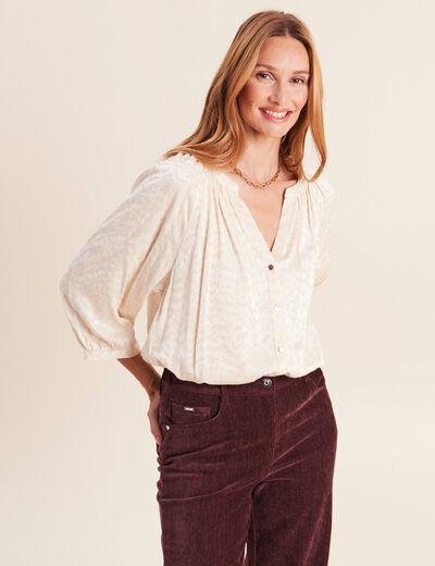 Chemise ample jacquard col v manches 3/4 blanc femme