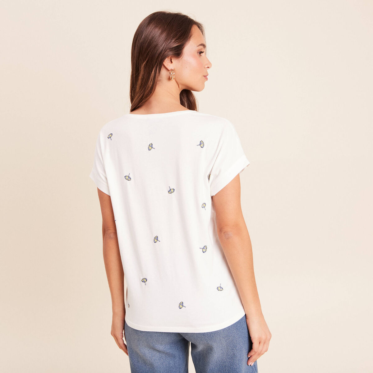 T-shirt col v broderie manches courtes ecru femme