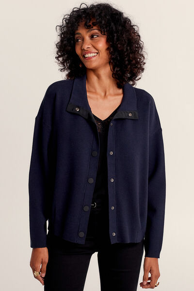 Pull manches longues boutons bleu foncé femme