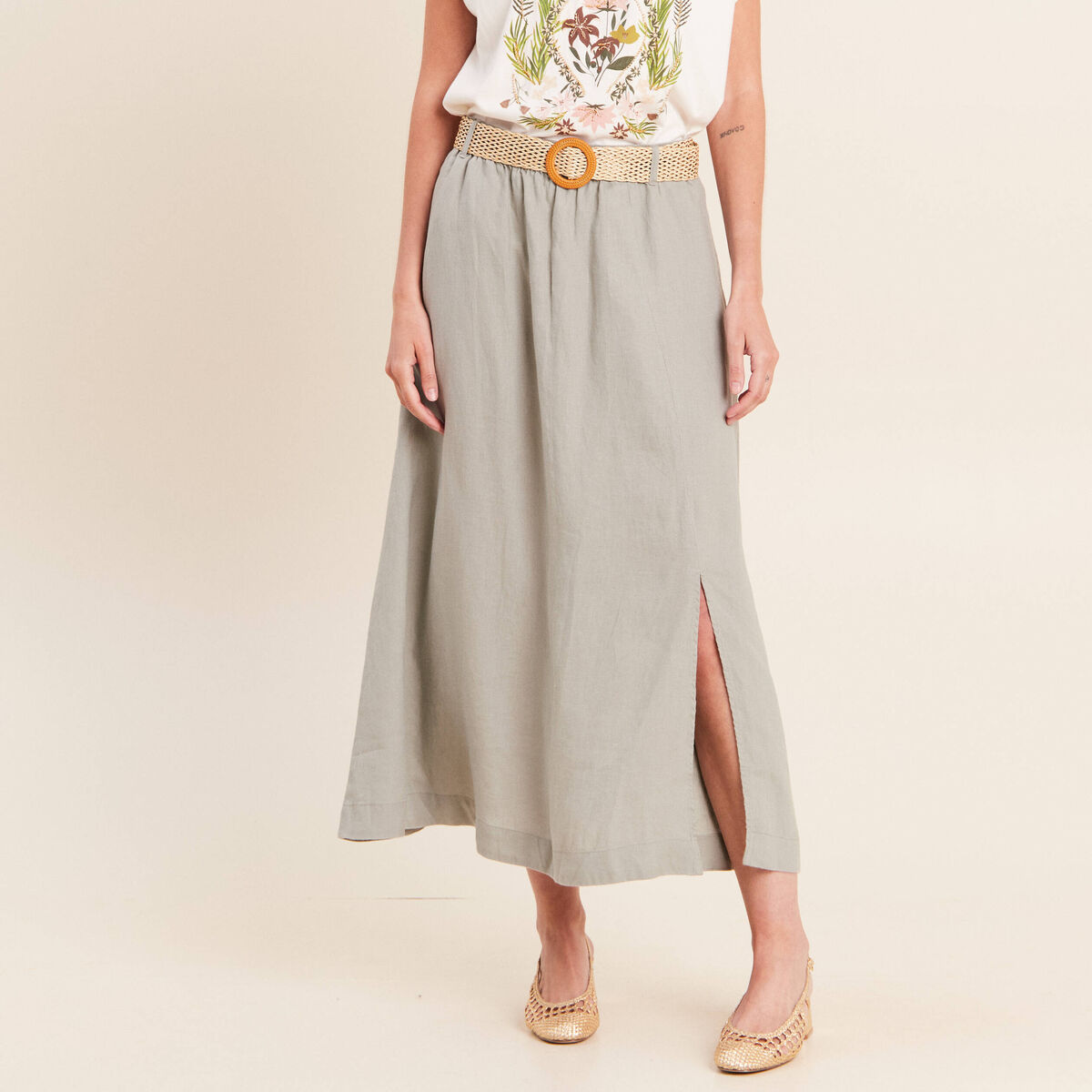 Jupe aspect lin avec ceinture amovible vert clair femme