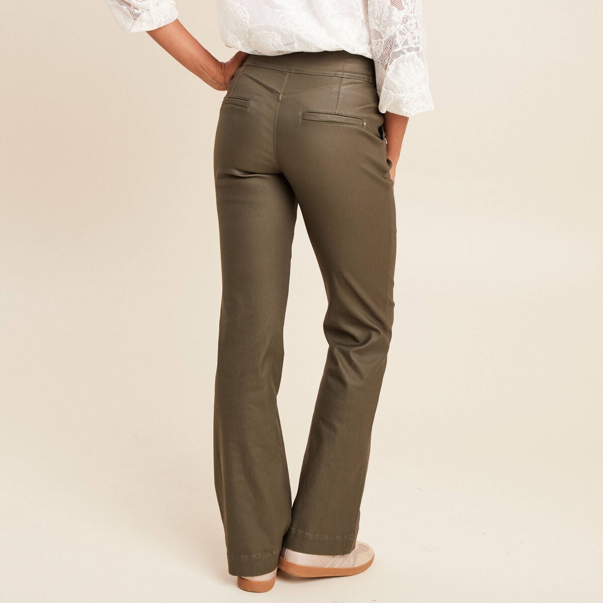 Pantalon bootcut enduit taille haute vert kaki femme