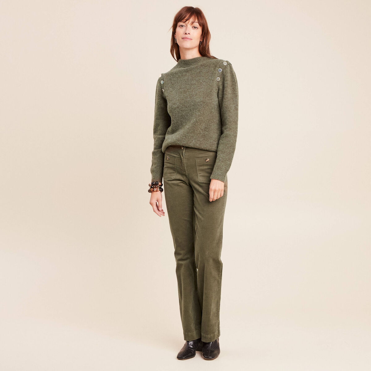 Pull col rond manches longues vert kaki femme