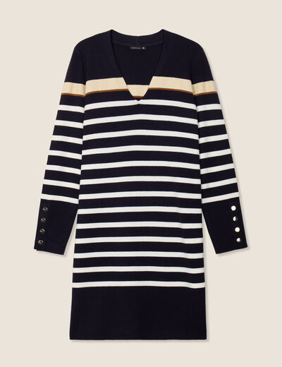 Robe tricot droite col en V bleu foncé femme