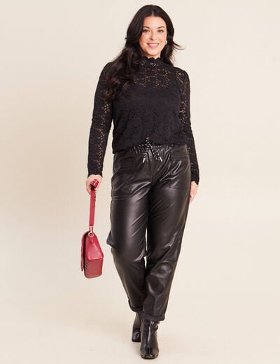 T-shirt cintr&eacute; col montant dentelle noir femme