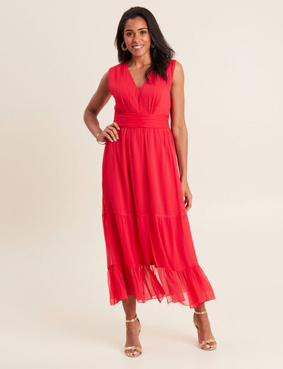 Robe longue évasée volants rouge femme