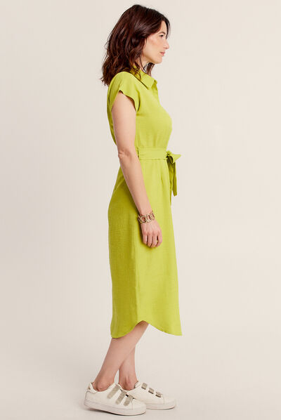 Robe chemise droite ceinturée vert anis femme