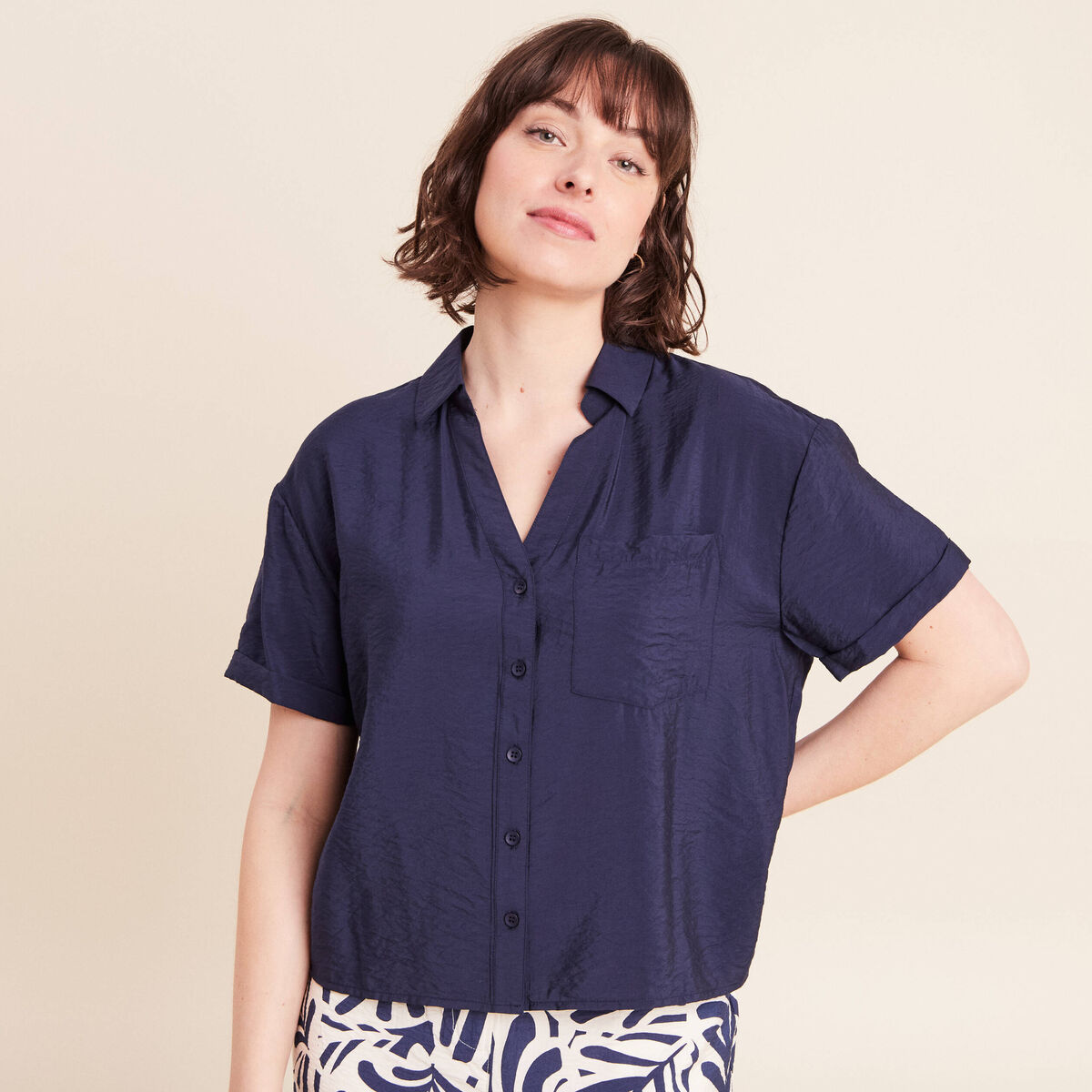 Chemise ample courte &agrave; manches courtes bleu marine femme