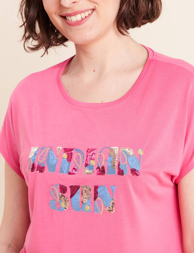 T-shirt col rond manches courtes brod&eacute; rose fushia femme