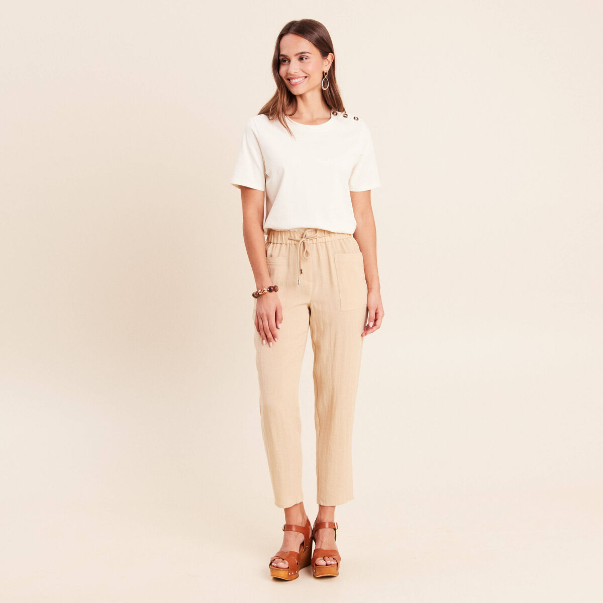 Pantalon mom 7/8&egrave;me en coton beige femme