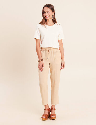 Pantalon mom 7/8&egrave;me en coton beige femme