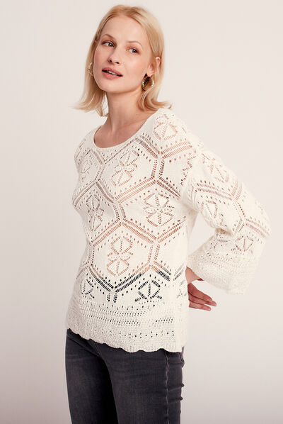 Pull manches 3/4 ajouré ecru femme