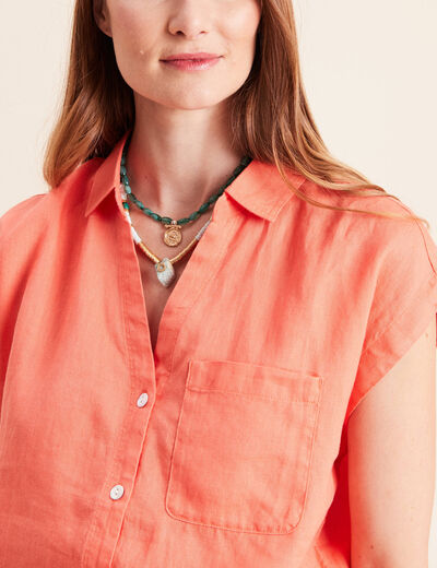 Chemise ample manches courtes aspect lin orange fluo femme