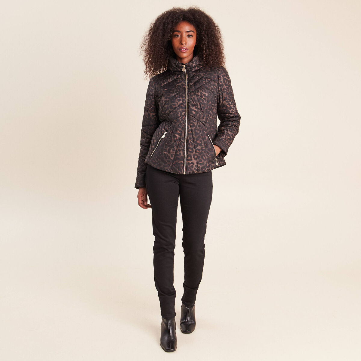 Doudoune d&eacute;perlante droite zipp&eacute;e marron femme