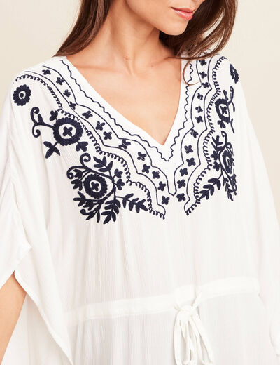 Kimono sans manches col v brodé ecru femme